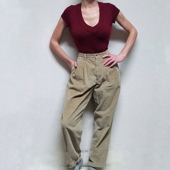 VINTAGE 1990s Dockers Corduroy Khaki Pleated Waist High Rise Cuffed Pants 12 - Picture 2 of 13